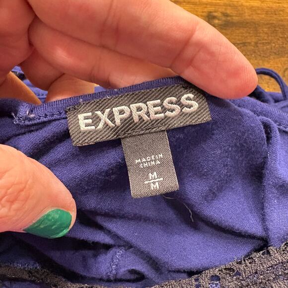 Express Size M Tank Top Camisole Y2K Lace Trim Blue Black Cross Back - Picture 4 of 12